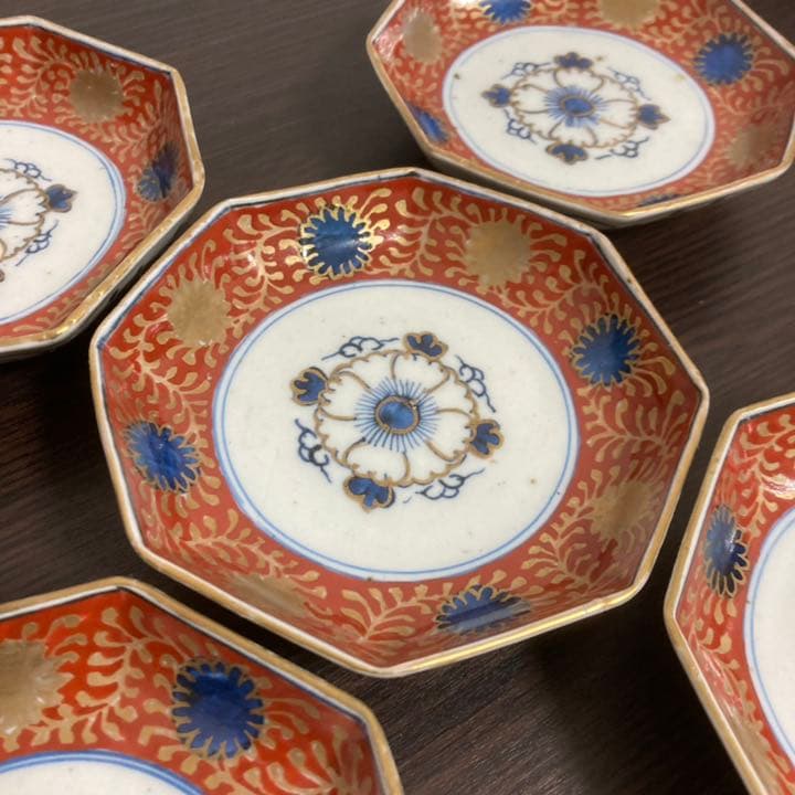 古伊万里 金彩八角小皿 五客 成化年製【クリーニング済み】骨董 アンティーク