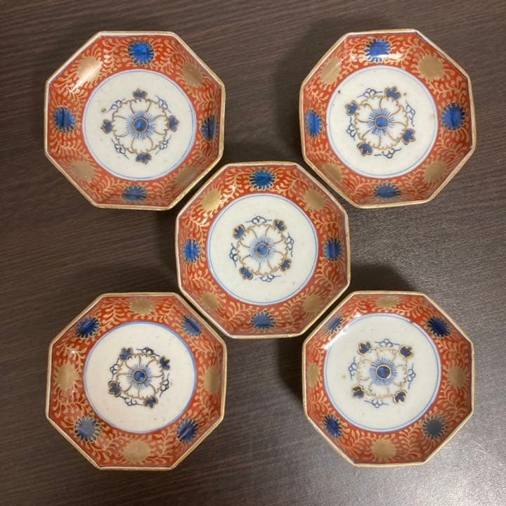 古伊万里 金彩八角小皿 五客 成化年製【クリーニング済み】骨董 アンティーク