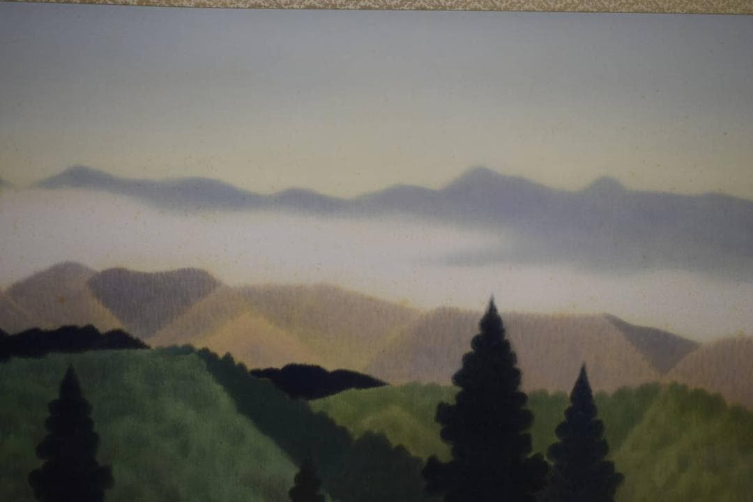 真作/斎内一秀/青緑連山山水図/桐共箱付/布袋屋掛軸HH-751