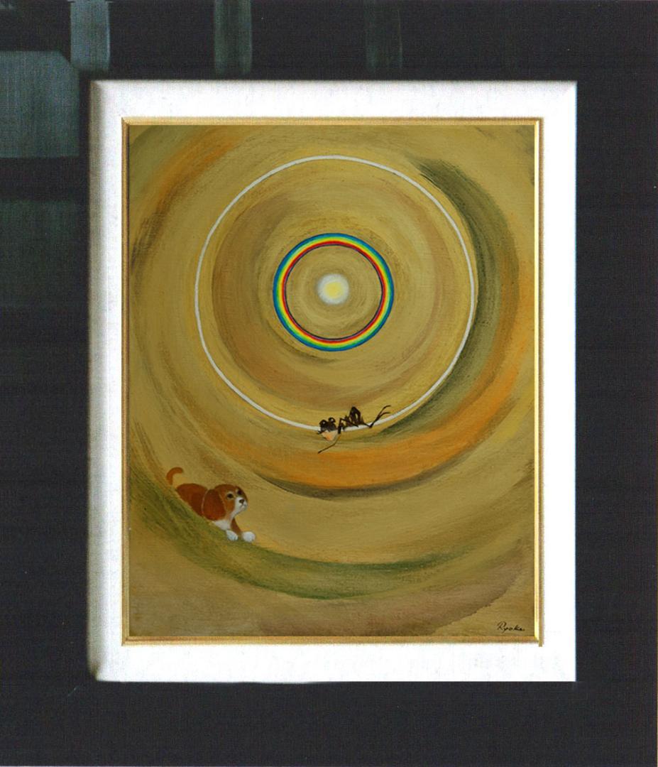 油絵菅家令子絵 絵画インテリア額付(青緑＋金色の枠)F6-070119祈り犬女子