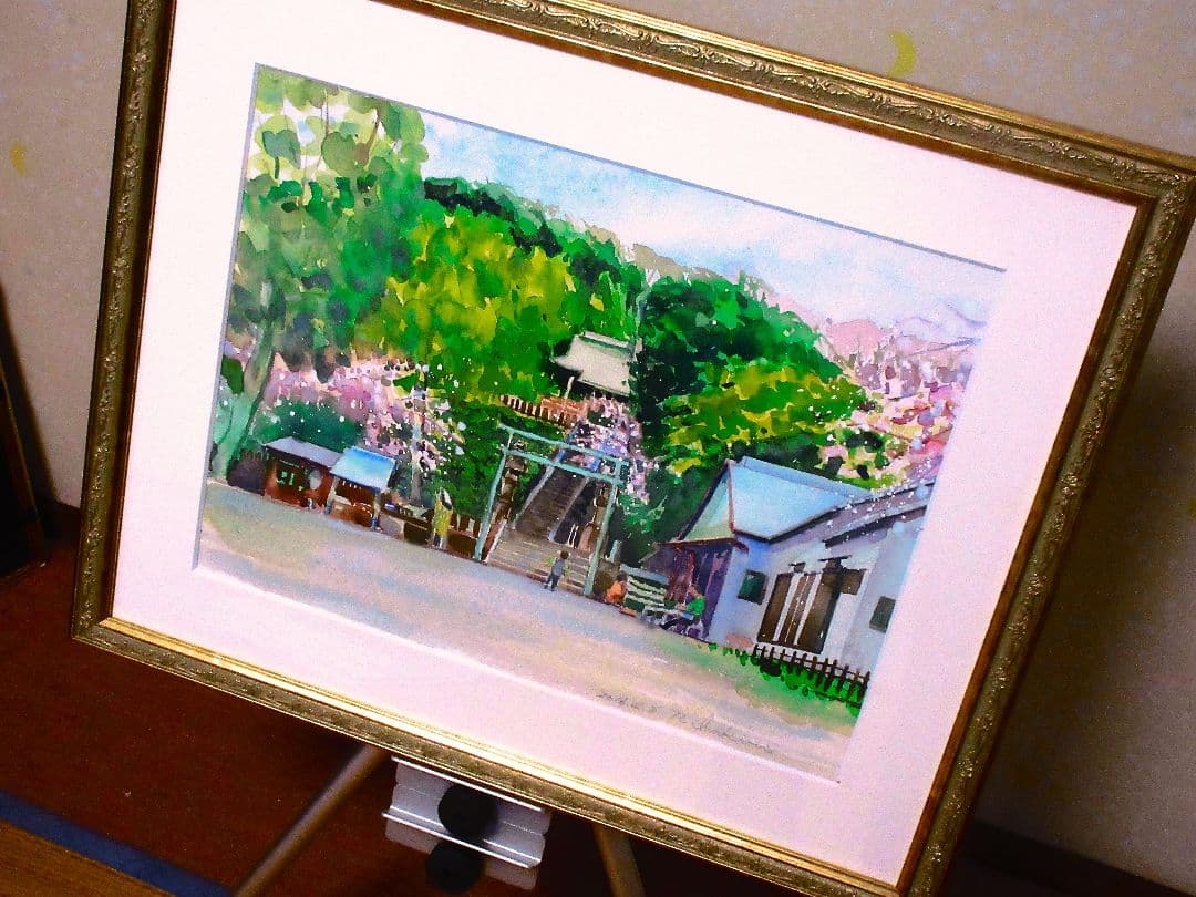 水彩画 神社の風景額装済み F6サイズ