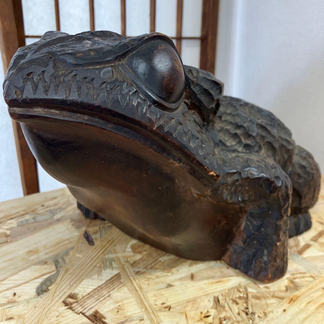 骨董品　福かえる　木彫　かえる　昭和20年頃の作￼N 37kE