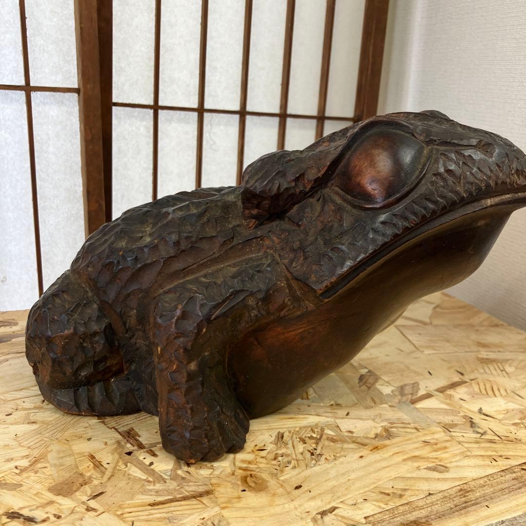 骨董品　福かえる　木彫　かえる　昭和20年頃の作￼N 37kE