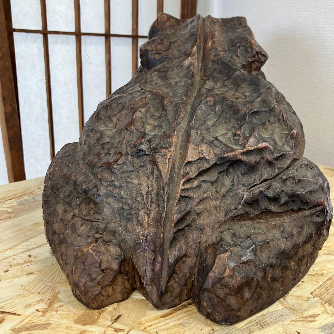 骨董品　福かえる　木彫　かえる　昭和20年頃の作￼N 37kE