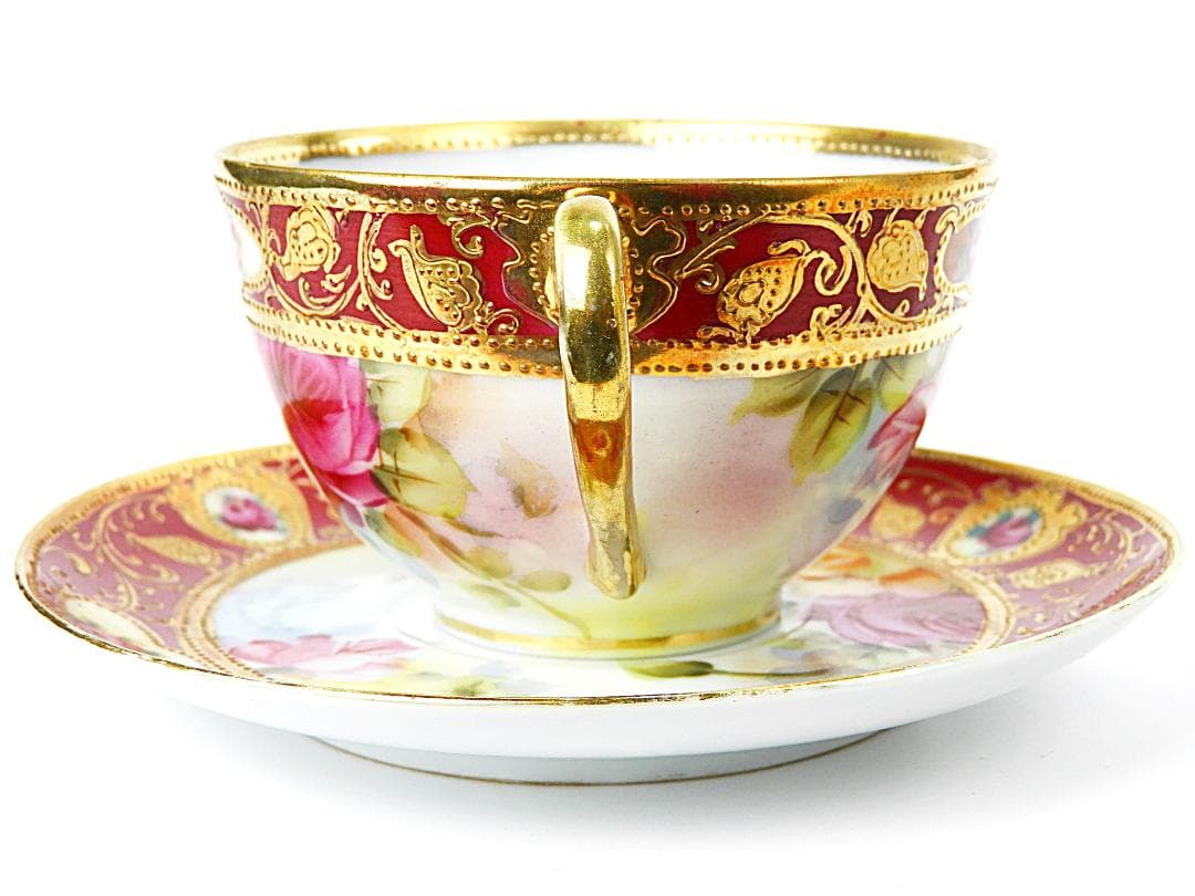 オールドノリタケ 金彩紅地 薔薇絵 カップ ソーサー アンティーク