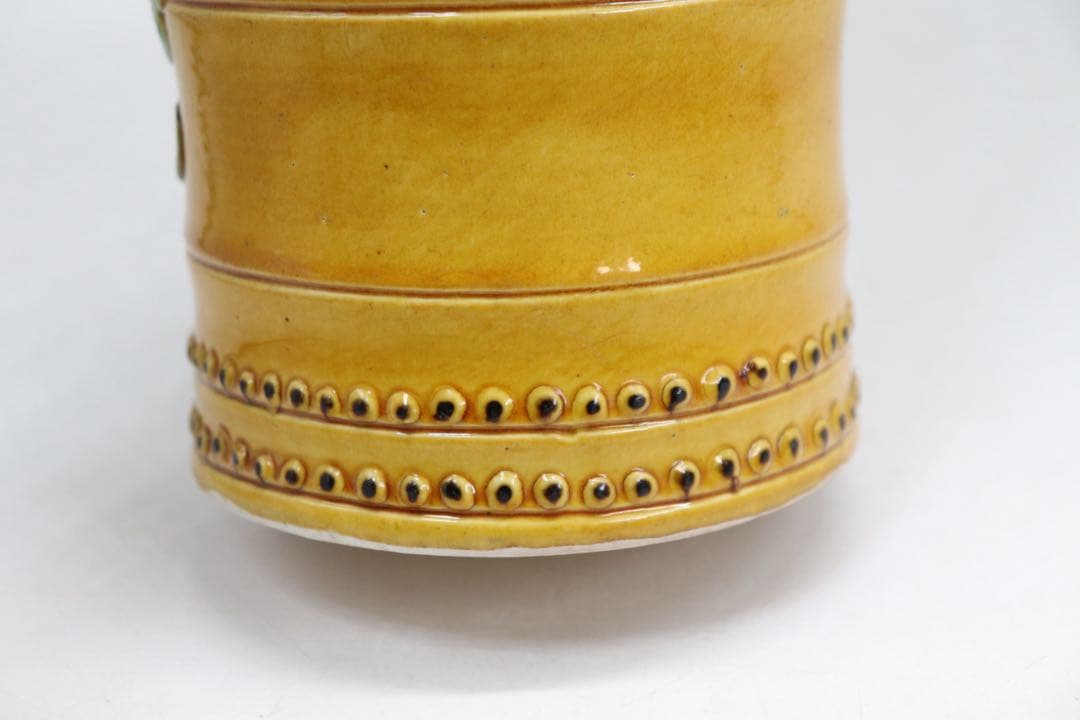 中国　清時代　黄南京　竹節型蓮鷺紋筆入　共箱　アンティーク　送料込み250708