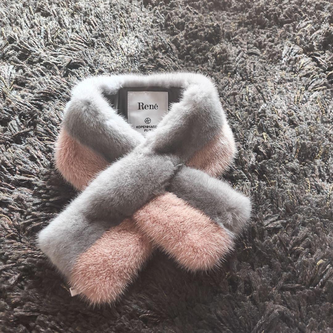 René グレー/ピンク ミンクマフラー