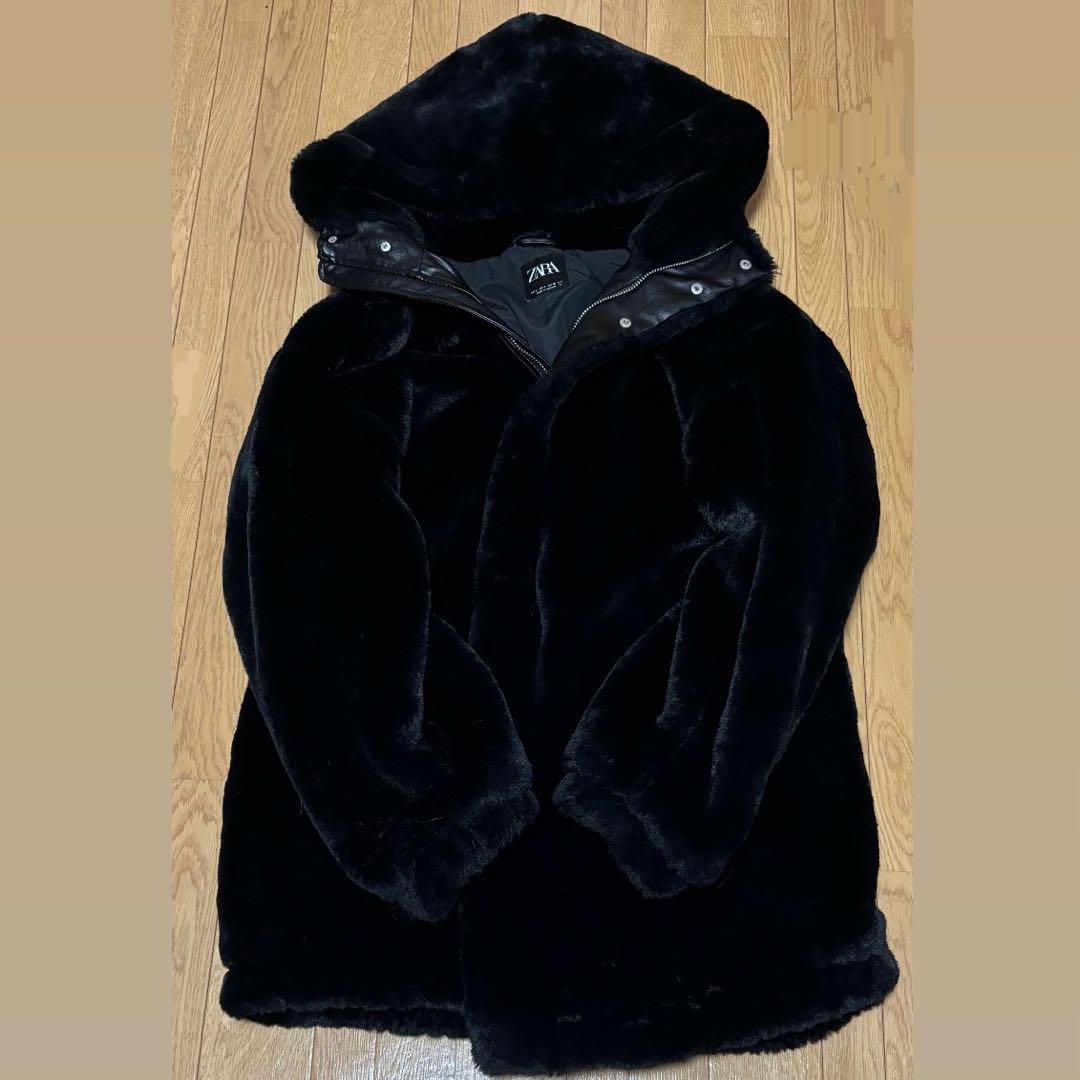 ZARA ファーコート 黒　エコファーコート　コート　ブラック　ロングコート