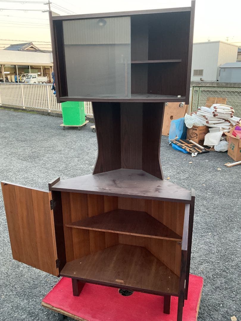 レトロ木製コーナーキャビネットガラス扉収納棚家具昭和