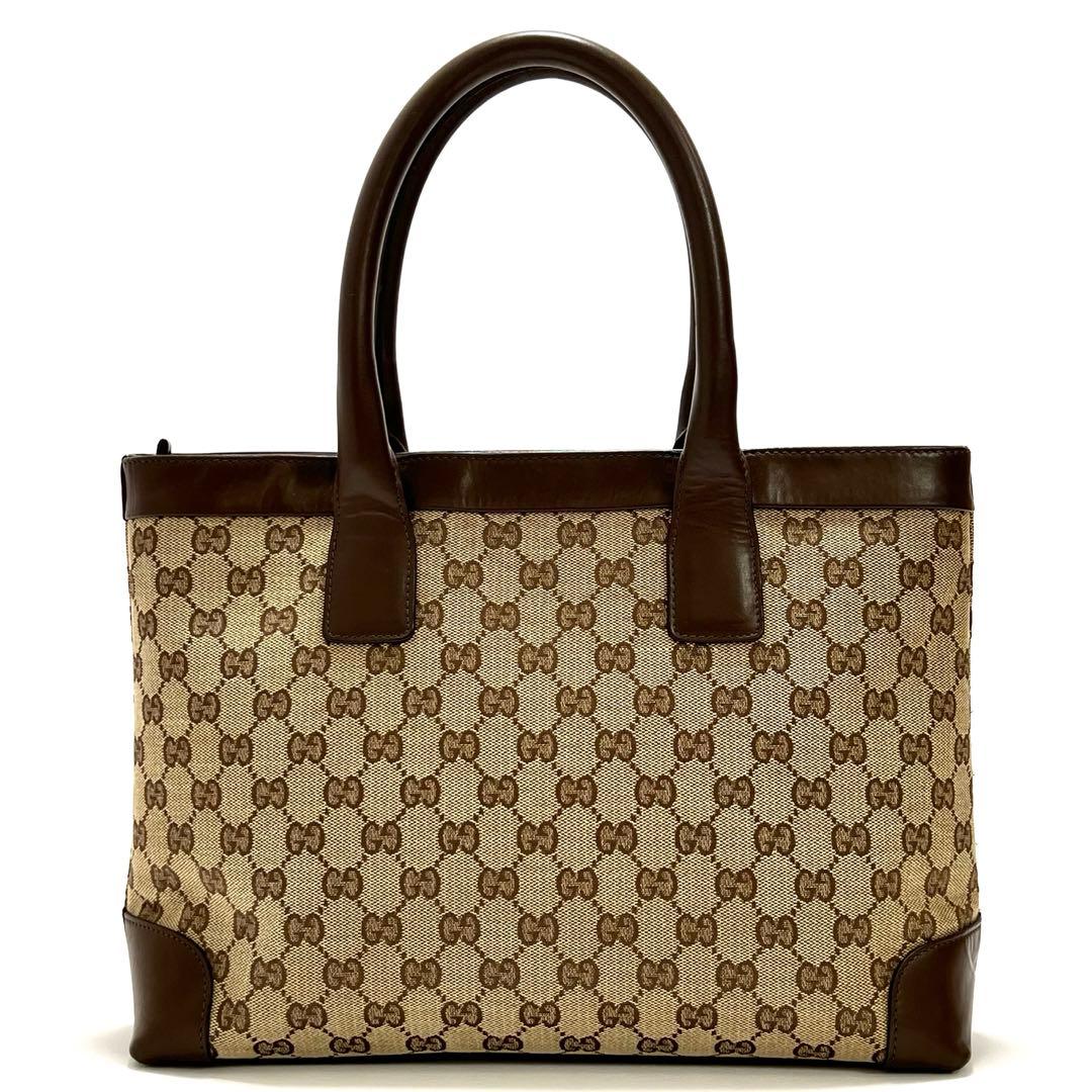 グッチ　トートバッグ　ハンドバッグ　GG柄　キャンバス　レザー　ブラウン