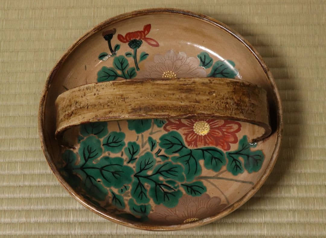 乾山焼 三代乾山 菊図 手付菓子器 木箱 陶芸 草花 鉢 時代【MA480】