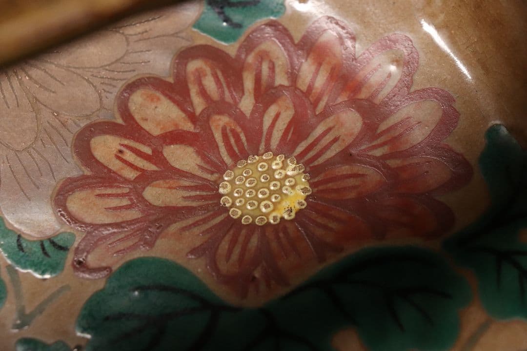 乾山焼 三代乾山 菊図 手付菓子器 木箱 陶芸 草花 鉢 時代【MA480】