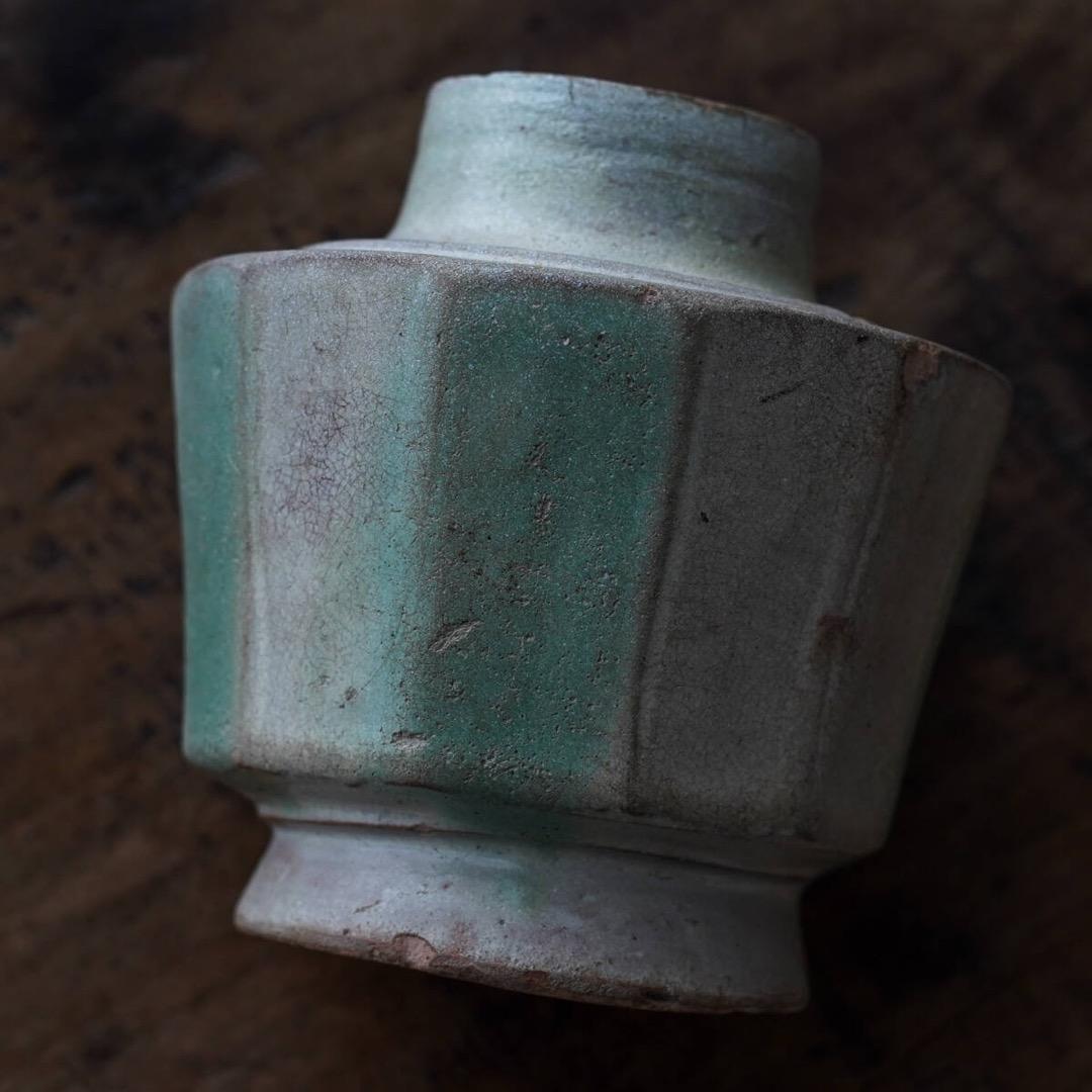 15-16世紀ビルマ 白錫釉緑彩面取小壺 / 仏教美術 鉛釉 香炉 花入 花器