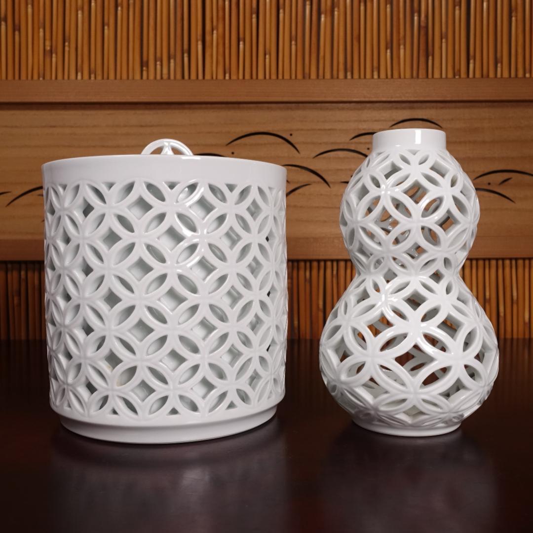 13代 横石嘉助 白磁七宝透 皆具 共箱 茶道具 平戸焼