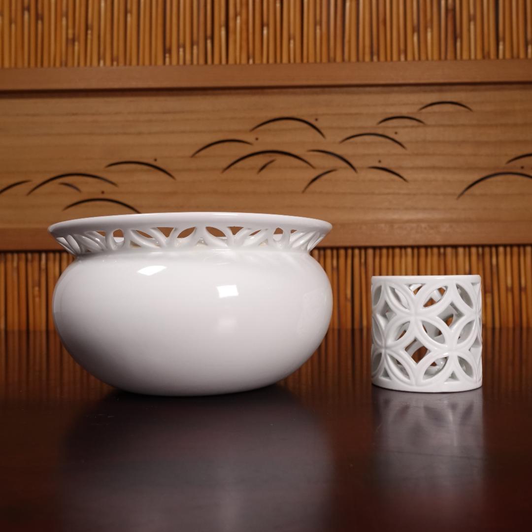 13代 横石嘉助 白磁七宝透 皆具 共箱 茶道具 平戸焼