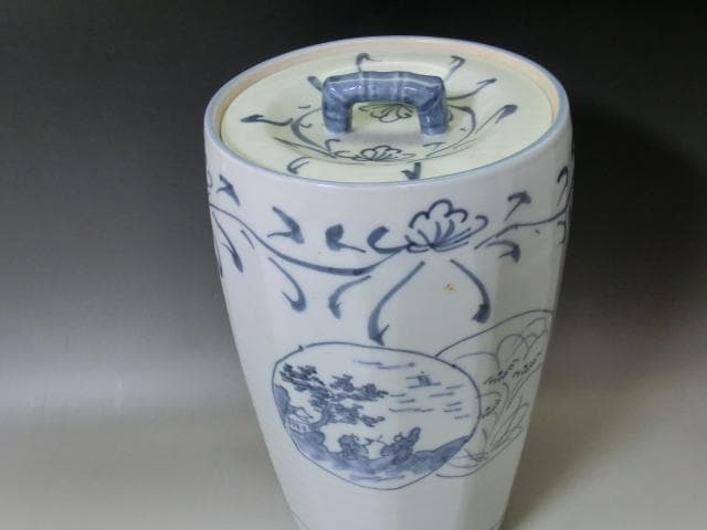 水指■平安 祥堂 染付 完品 古宗付字 中置 窓人物絵 菊 共箱 骨董 古美術■