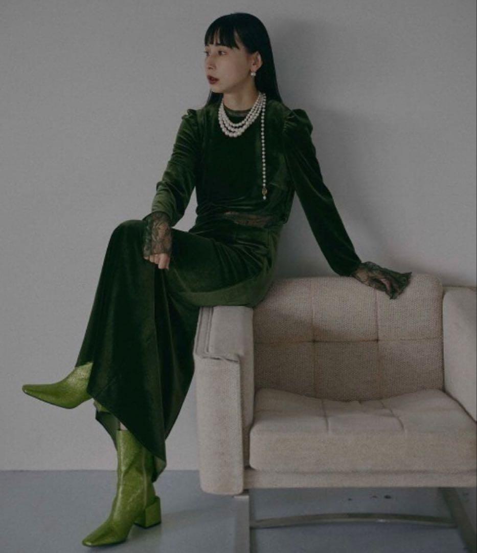 Ameri ベロアホールレースドレス