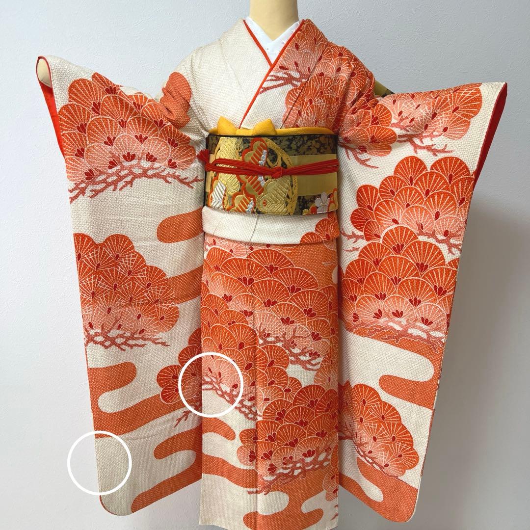 444 振袖フルセット 正絹 朱赤 オレンジ 絞り 藤娘きぬたや 高級 小柄さん