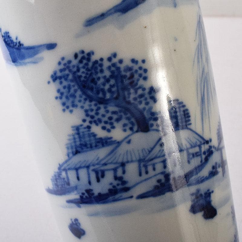 したん　中国　青花　花唐草山水文　双耳瓶　在銘　時代箱　V　R8594