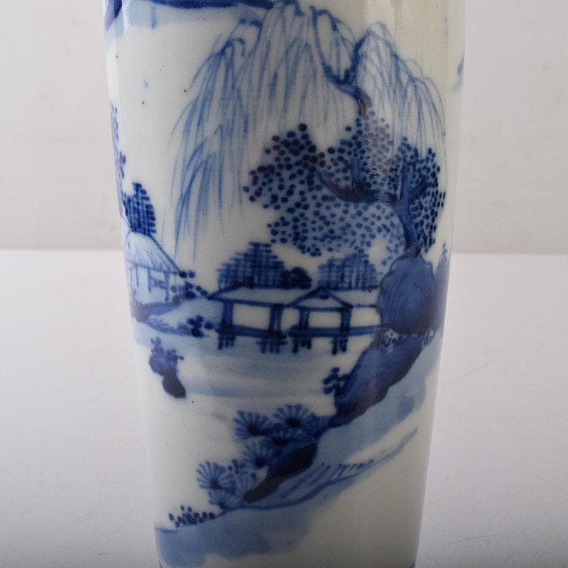 したん　中国　青花　花唐草山水文　双耳瓶　在銘　時代箱　V　R8594