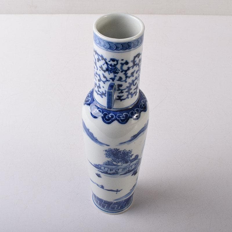 したん　中国　青花　花唐草山水文　双耳瓶　在銘　時代箱　V　R8594