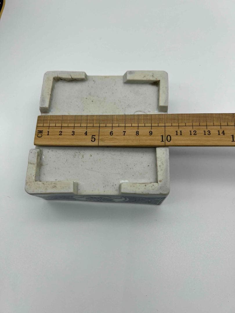 清雍正時代 染付 青花祥瑞花卉文四方印泥盒 蓋盒 香盒 文房香合(A-68)