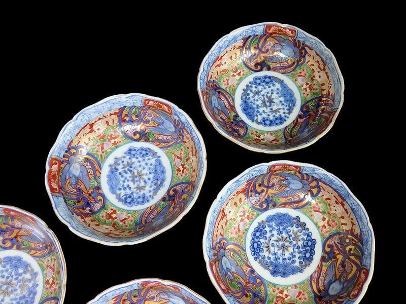 大聖寺伊万里　金襴手　福良雀の図　膾皿　５客　260AS-CXl