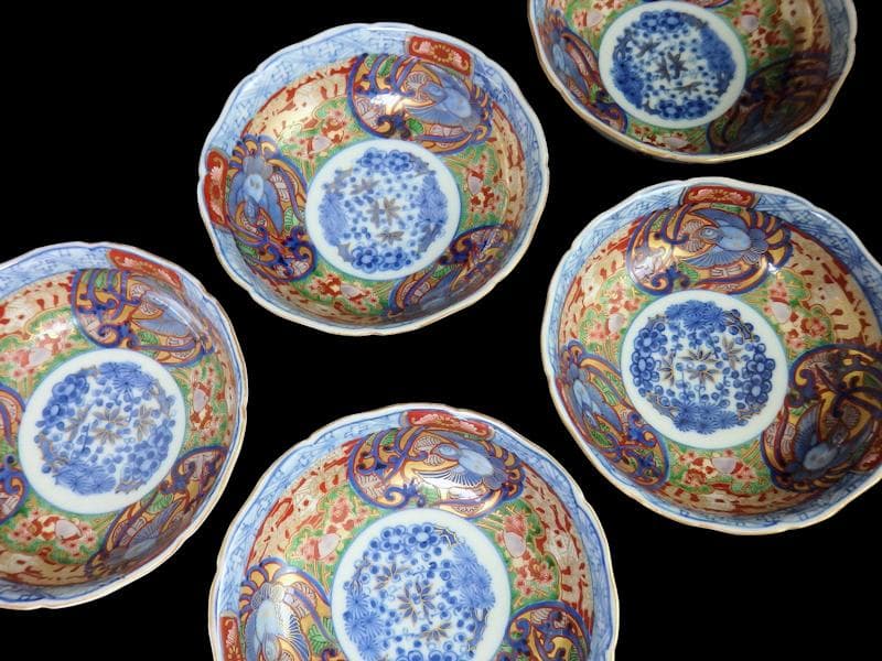 大聖寺伊万里　金襴手　福良雀の図　膾皿　５客　260AS-CXl