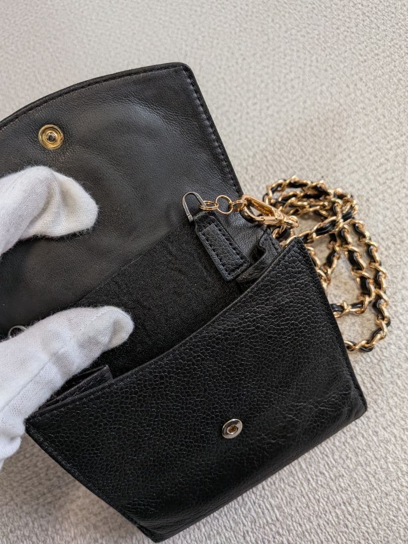 シャネル　デカココ　Wホック折り財布　黒　キャビアスキン　チェーン　ウォレット
