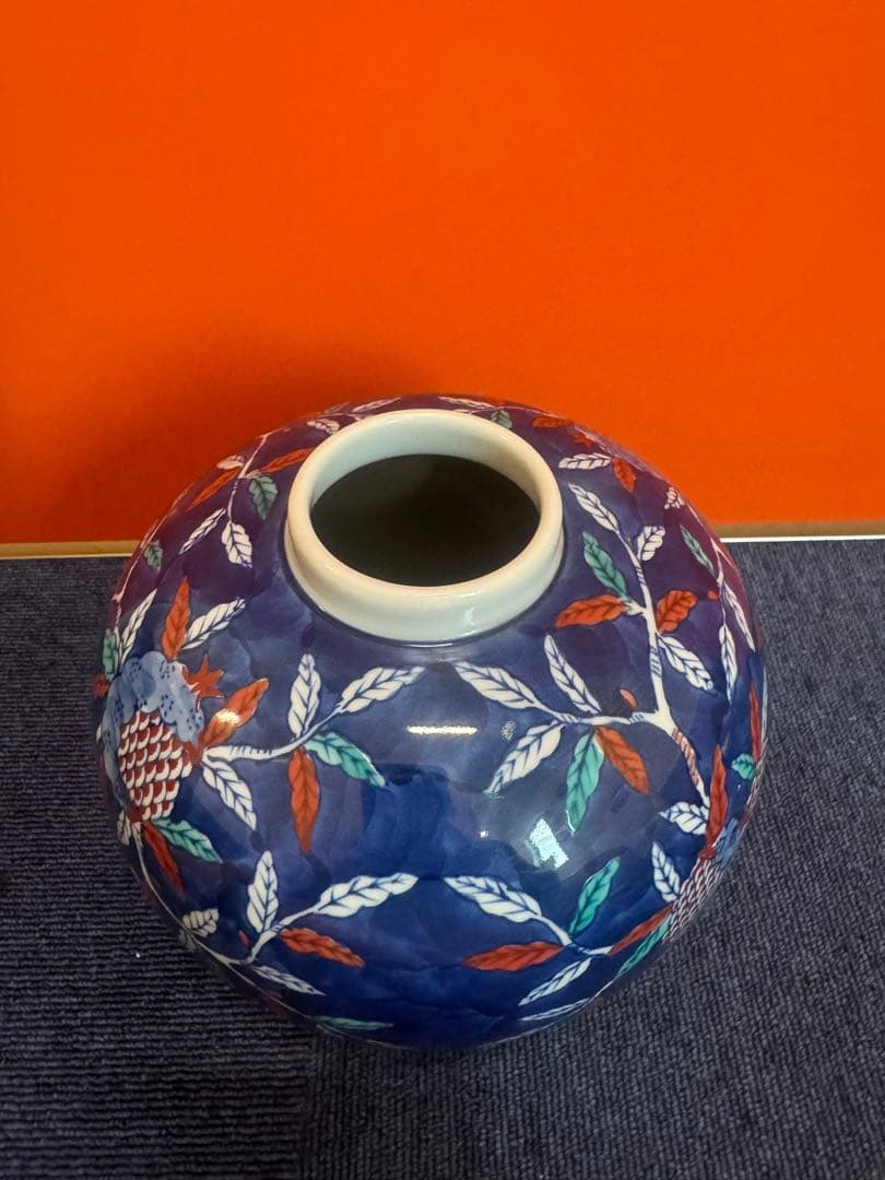 1632 源右衛門窯　染錦 柘榴 絵　ザクロ　花瓶 花器 生け花