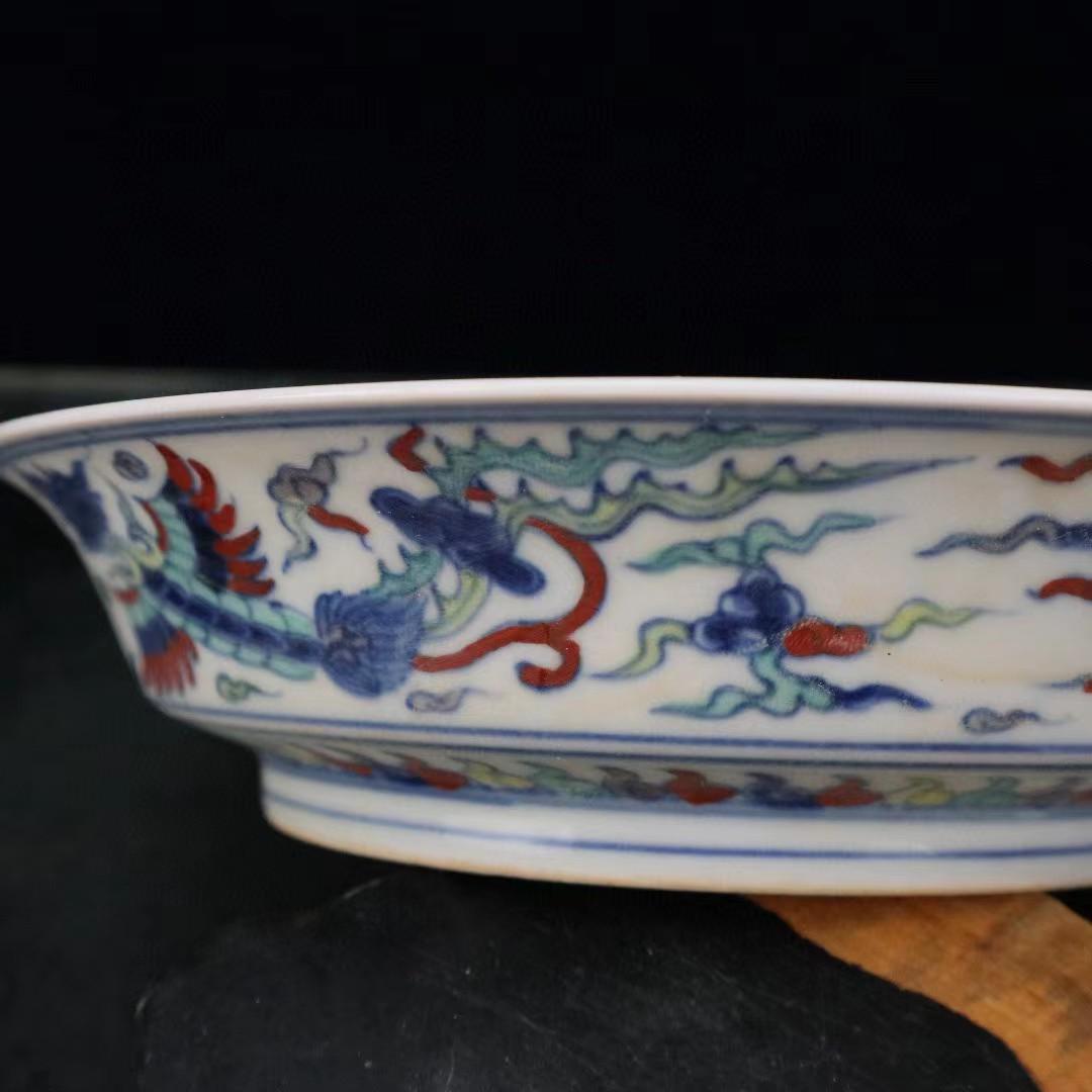 中国古美術✦大明成化紋 斗彩 双鳳呈祥図紋 観賞盤✦置物・文房具・陶芸・観賞皿
