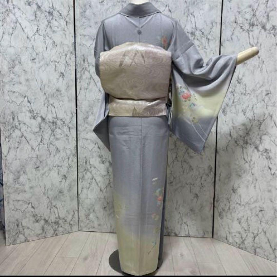 夏着物正絹 叩き染め お花柄 訪問着 一つ紋 帯セット