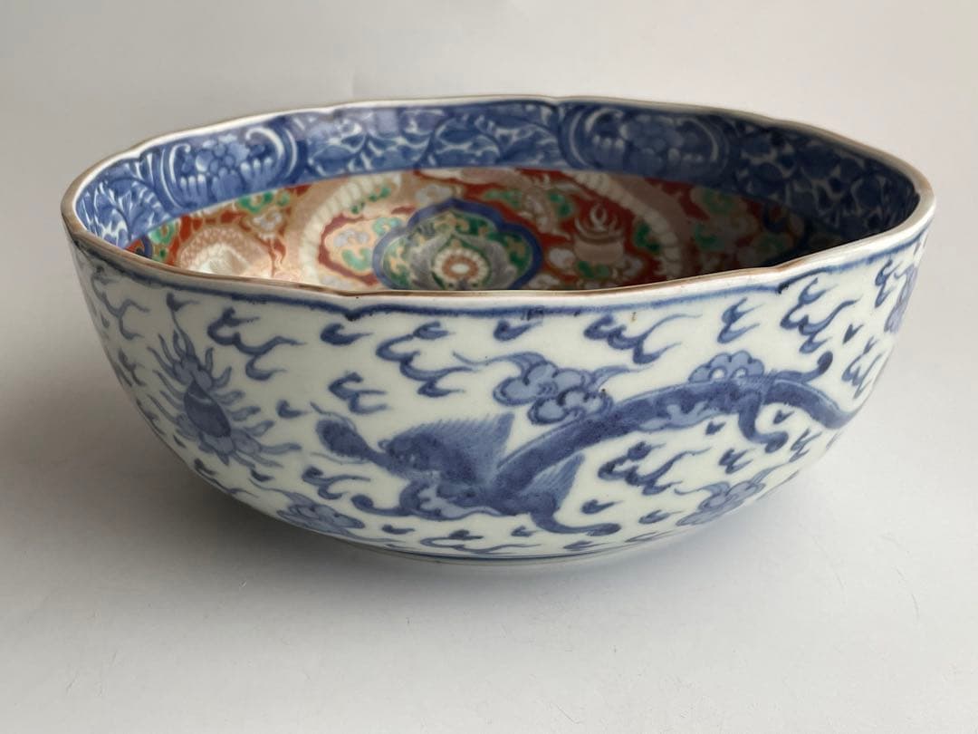 骨董　アンティーク　古伊万里　色絵　金襴手　染錦　龍文　鉢　深鉢　平水指　茶道具