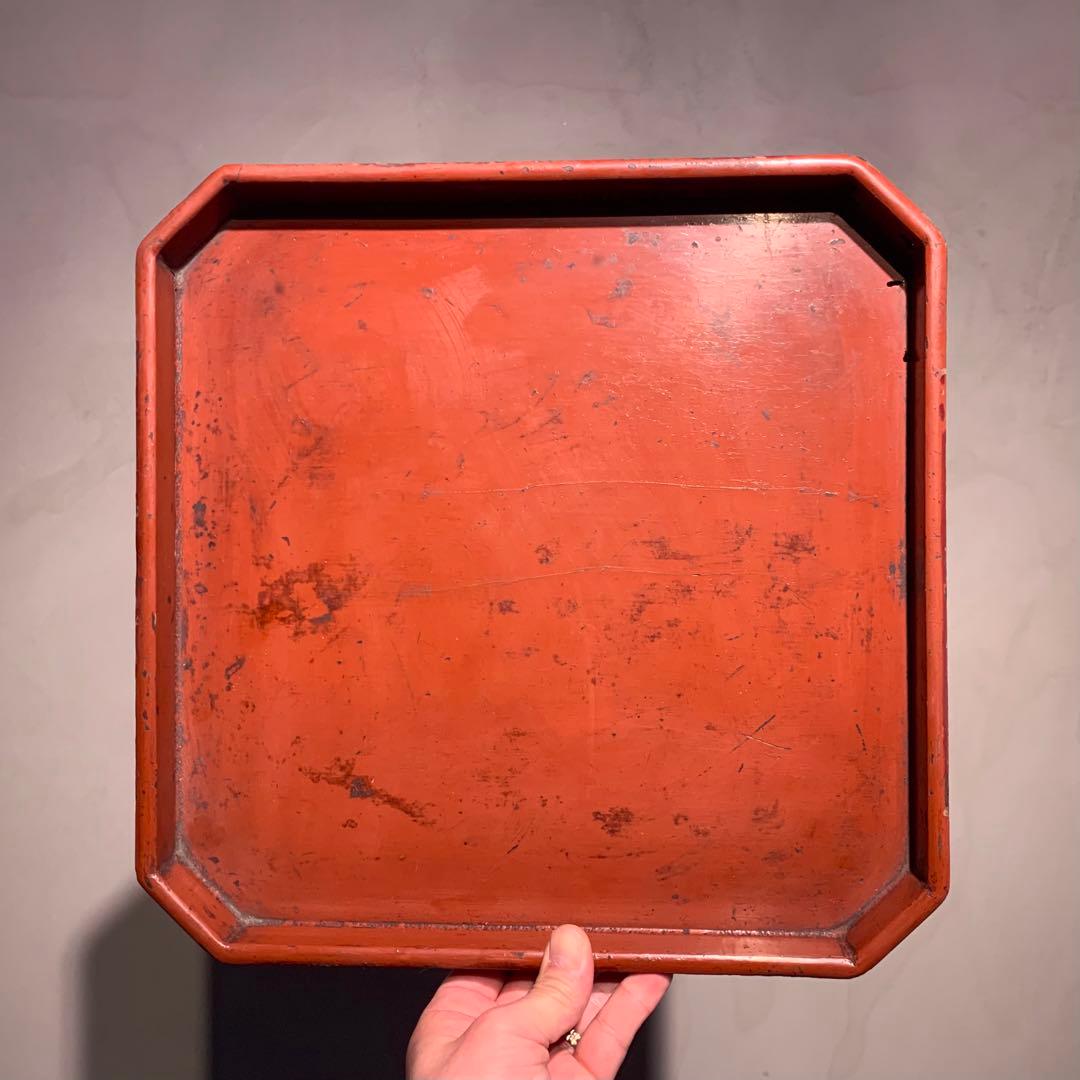 隅切 折敷 朱塗り 盆 No.3 古美術 古道具 アンティーク 折敷盆