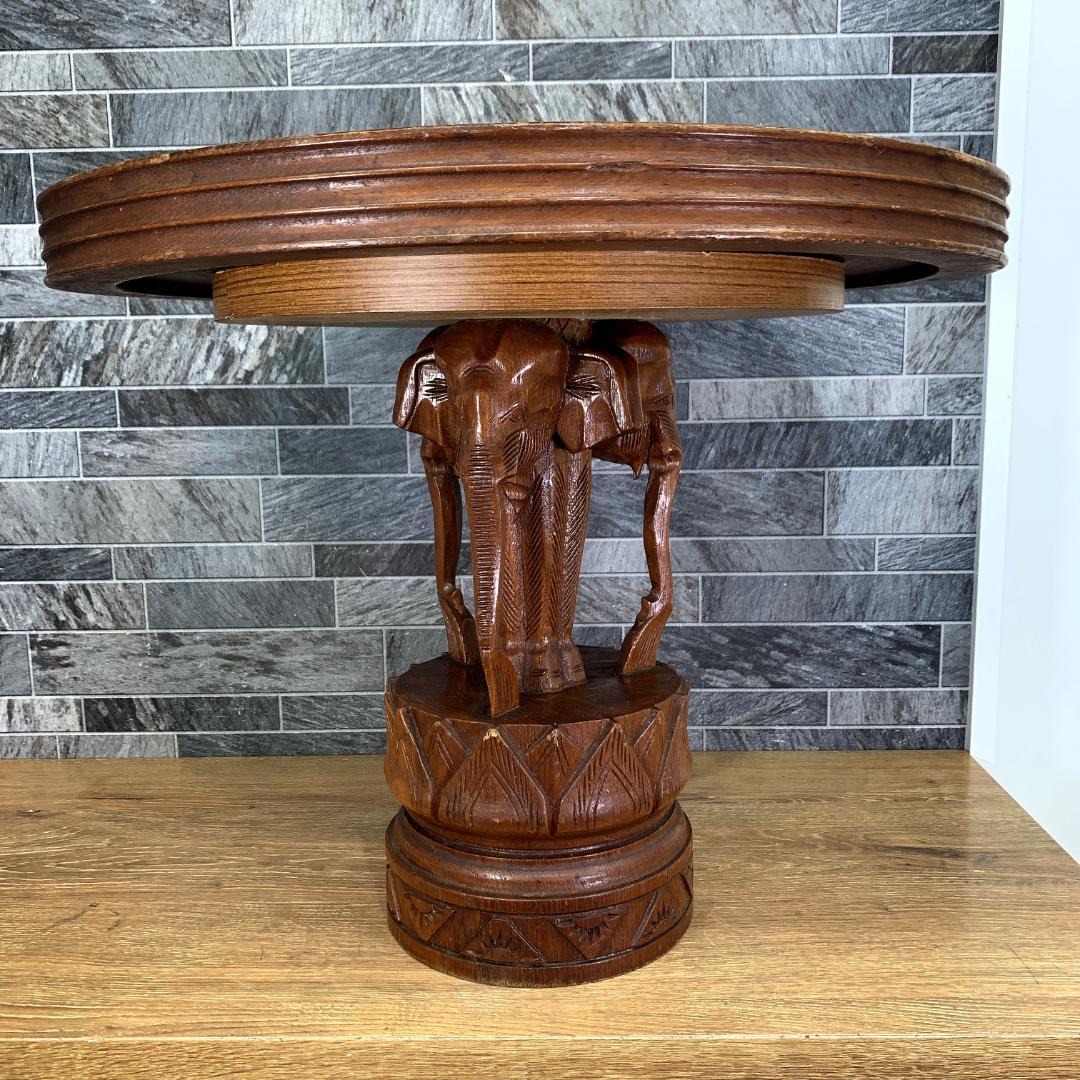 インド民芸品　木彫り机　天板直径51.5㎝サイズ　花台　サイドテーブル