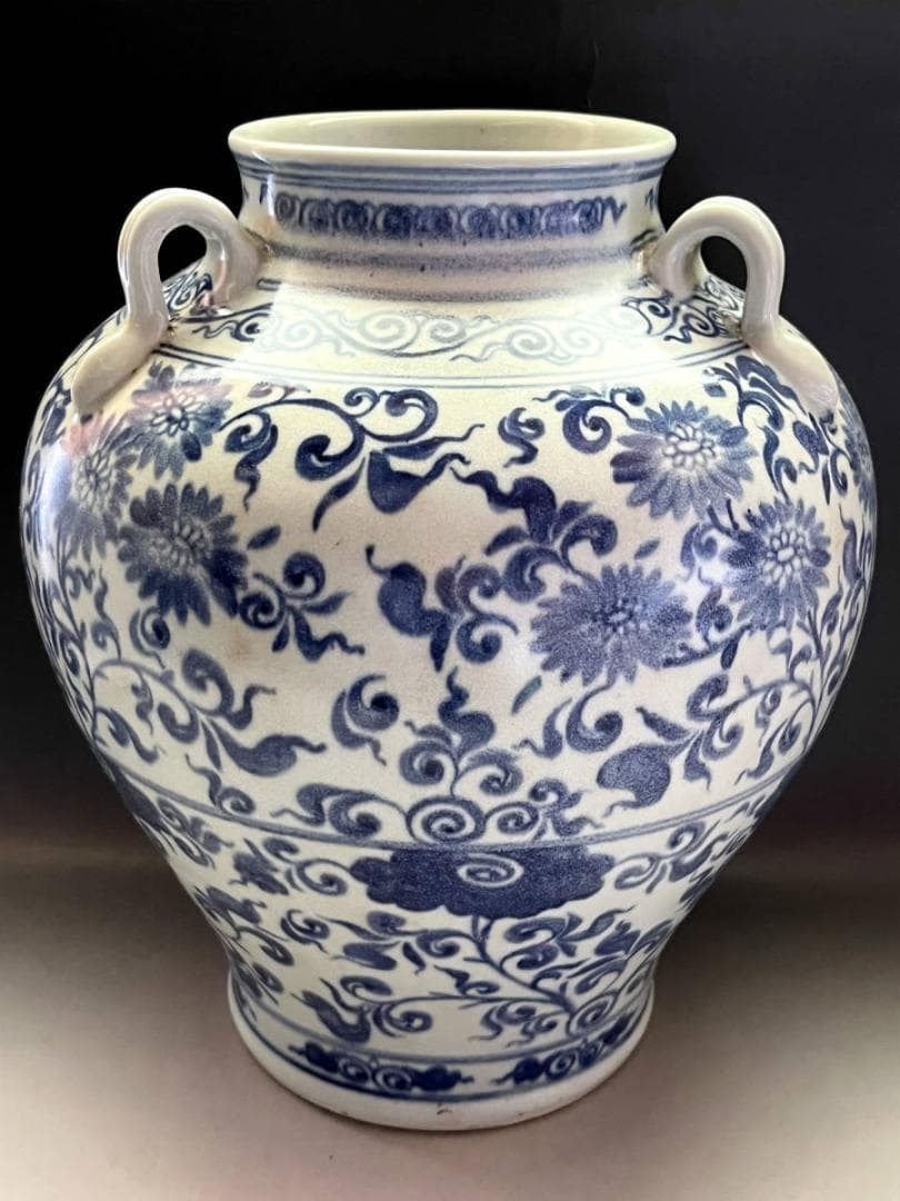 壷■安南染付耳付唐草文瓶 青華 花文大壺 古壷 花瓶花器 古玩 唐物  時代物■