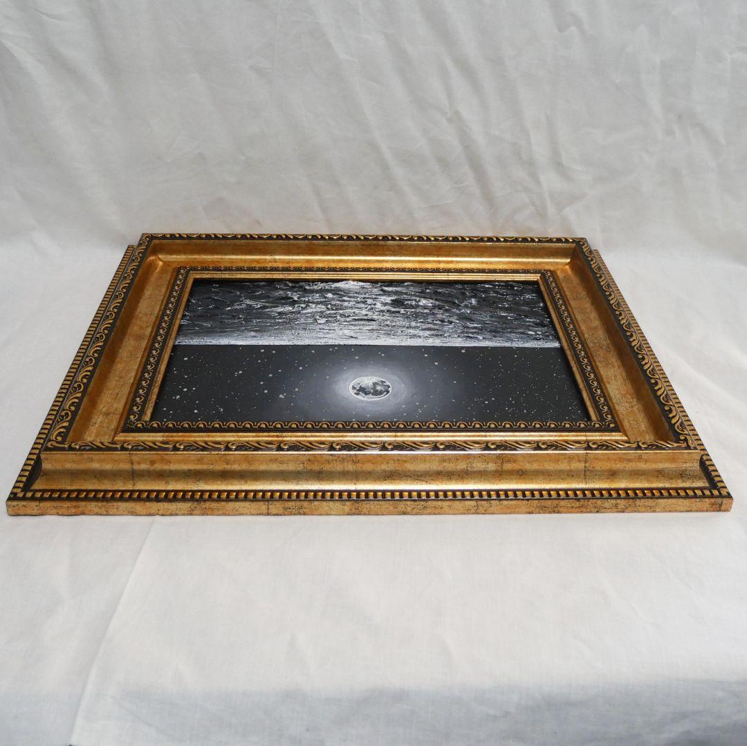 【作品名】：油絵【白黒の満月と星空の海】