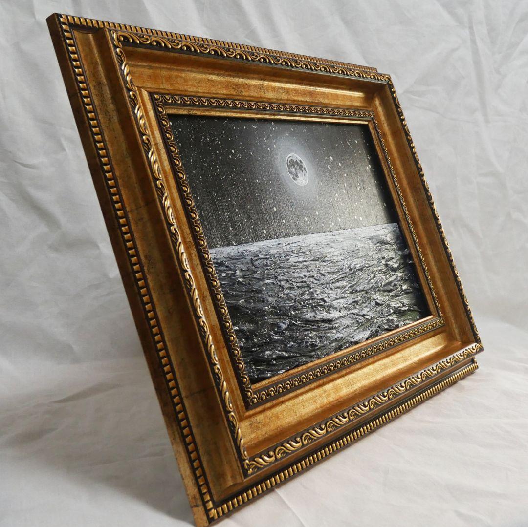 【作品名】：油絵【白黒の満月と星空の海】