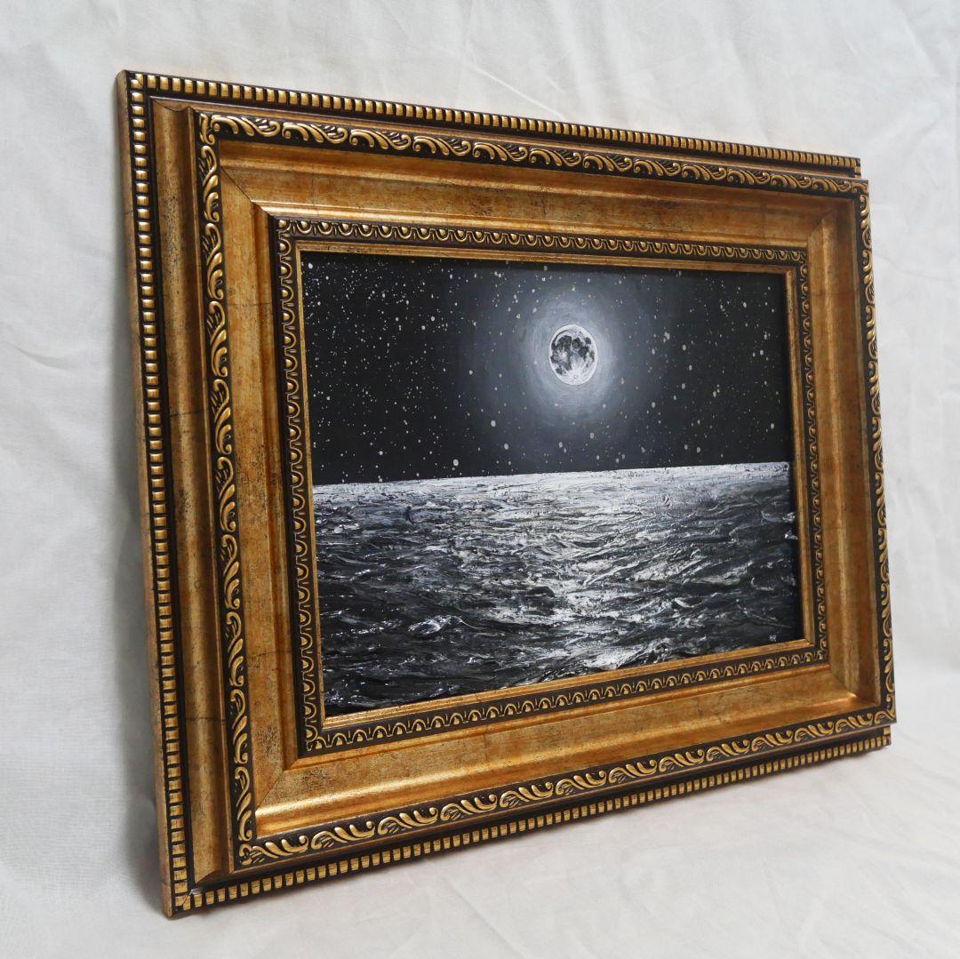 【作品名】：油絵【白黒の満月と星空の海】