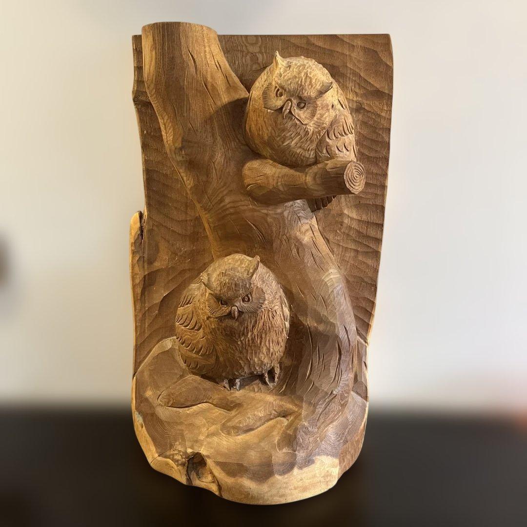 フクロウ 手彫り 在銘 上西捷敏 木彫り 工芸品 彫刻 コレクション　送料無料