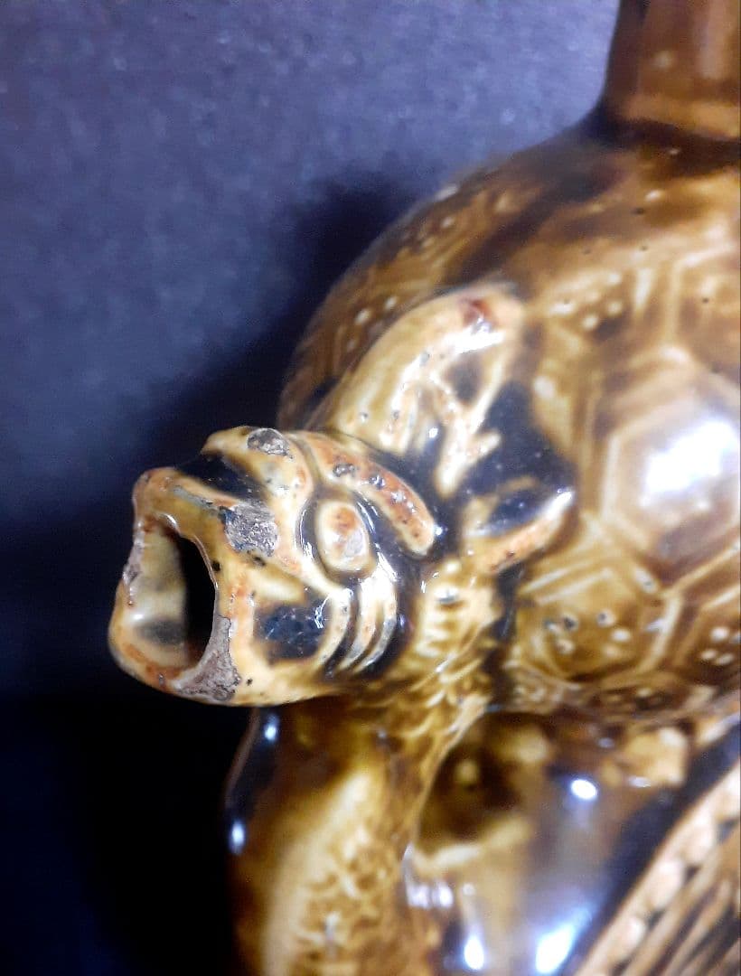 中国古美術　中国古陶磁器　古玩　明朝明代頃　磁州窯系　鉄釉　象取手　獣口　水瓶