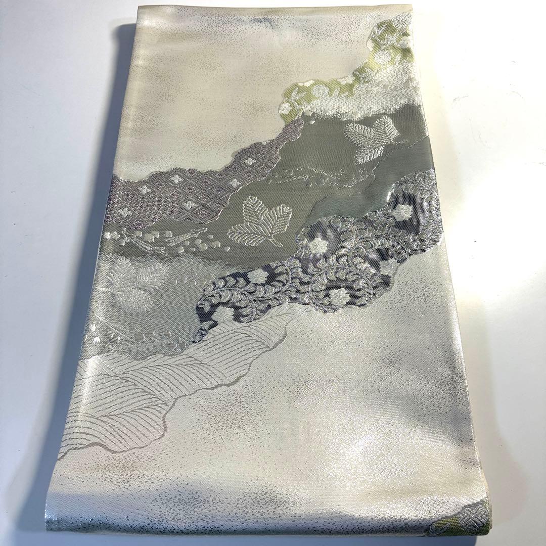 5k2956 袋帯　絹　プラチナ二丁箔　慶長道長文　銀色　白　緑　紫　花柄　和装