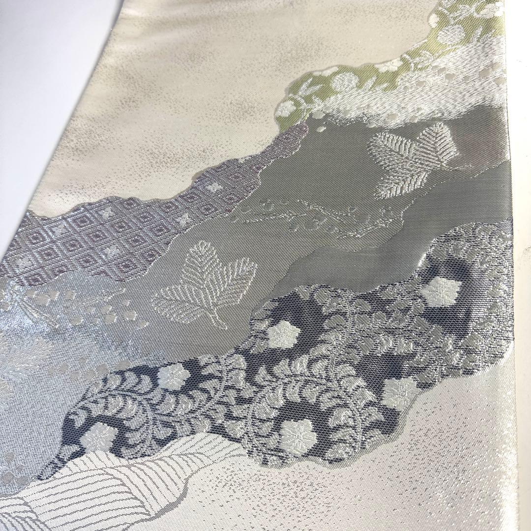 5k2956 袋帯　絹　プラチナ二丁箔　慶長道長文　銀色　白　緑　紫　花柄　和装