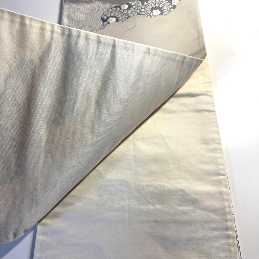 5k2956 袋帯　絹　プラチナ二丁箔　慶長道長文　銀色　白　緑　紫　花柄　和装