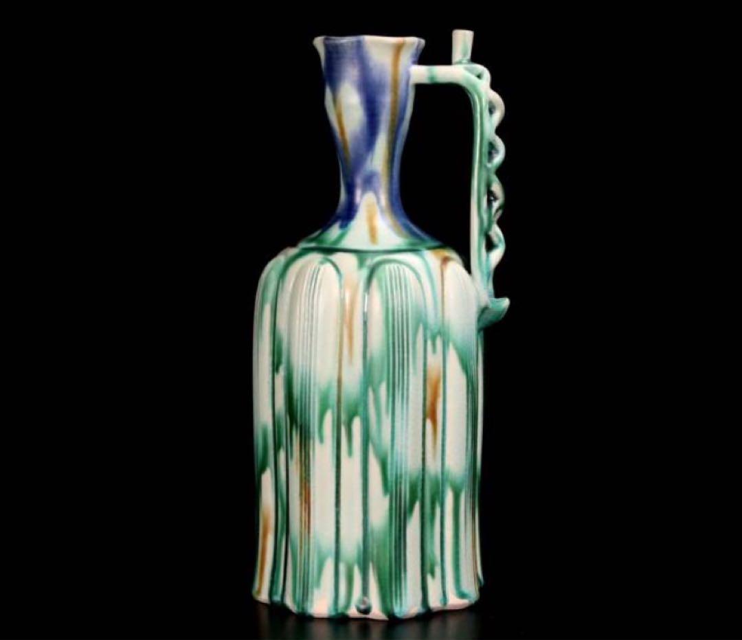 人間国宝 加藤卓男 正倉院復元 三彩 櫛目手付花入 本物保証(チョコ)