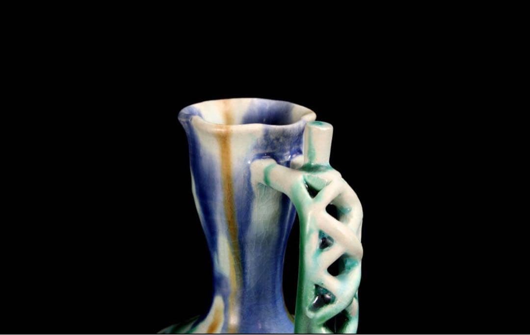 人間国宝 加藤卓男 正倉院復元 三彩 櫛目手付花入 本物保証(チョコ)