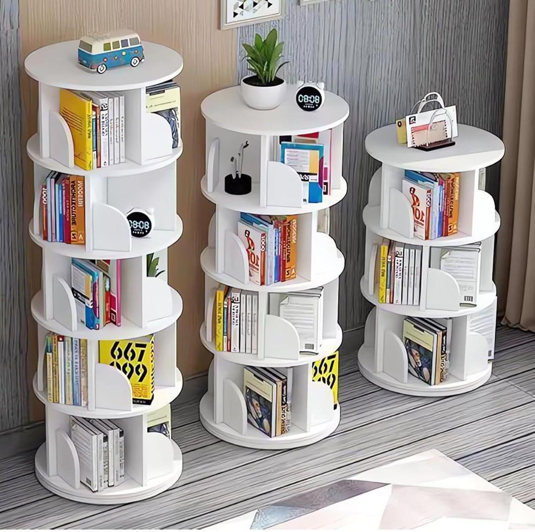 本棚 回転式本棚 大容量 直径46CM 漫画絵本棚 ホワイト ４段