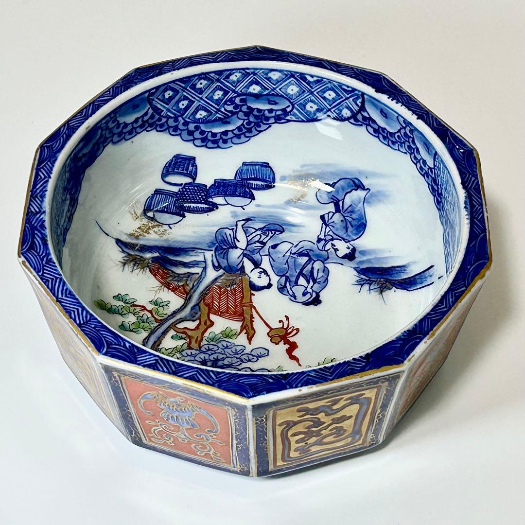 明治初期 山口伊右衛門 染錦面取鉢 伊万里 有田