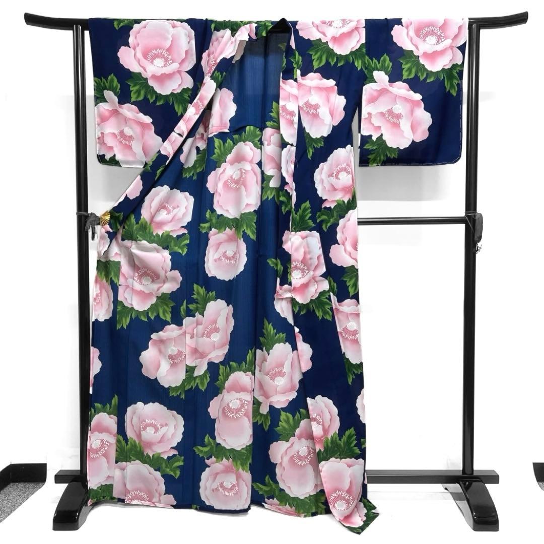 未着用　浴衣　牡丹　藍色　華やか　お洒落　着物　032a d