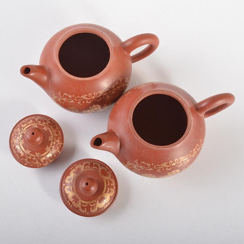 中国　洪星紫砂　朱泥　金彩山水人物文　急須　茶壷　箱付　C　6008